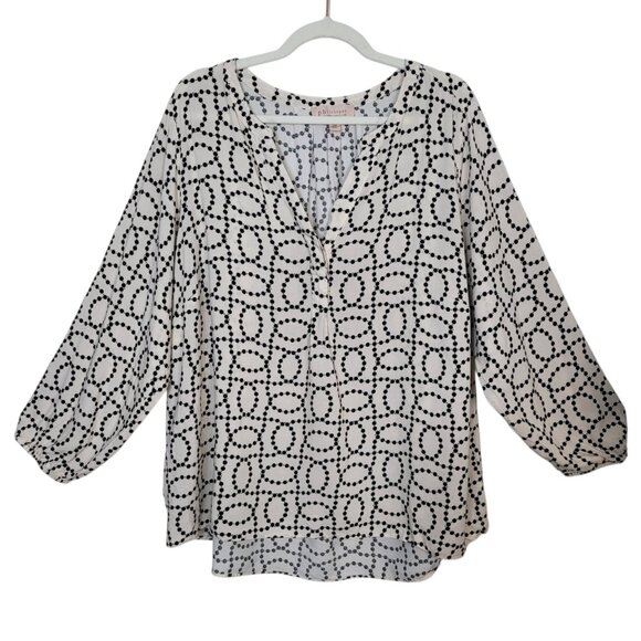 Philosophy Tops - Philosophy Woman Split Neck Blouse Ivory Black Dotted Circles Print Plus Size 3X